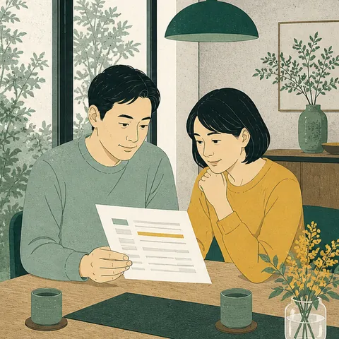 見積書を見ながら検討する住まい手のイラスト