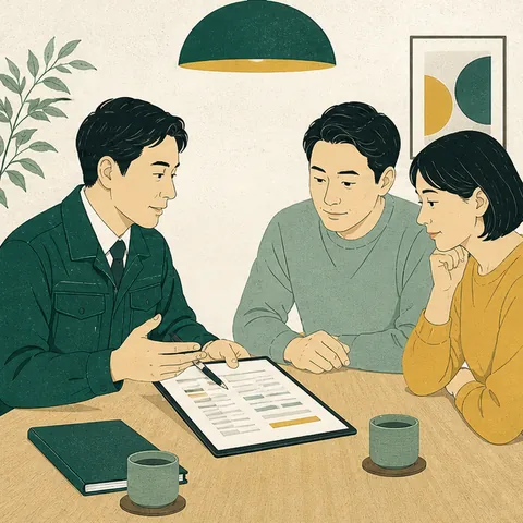 見積内容を住まい手へ説明する工事店担当者のイラスト