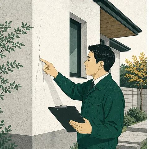 戸建て住宅の外壁を確認する工事店担当者のイラスト